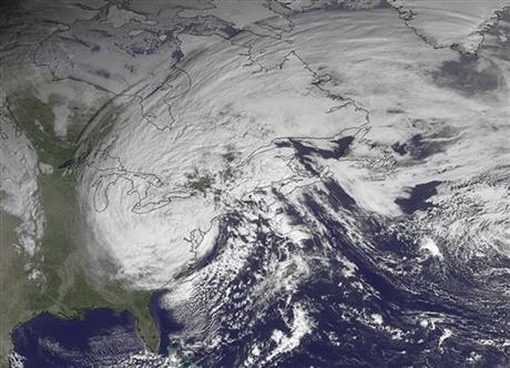 This NOAA satellite image, taken October 30, 2012, at 10:45 A.M. EDT, shows Sandy moving westward while weakening across southern Pennsylvania.  Roughly 1,000 miles, Sandy was the largest Atlantic system on record.  Photo courtesy National Oceanic and Atmospheric Administration (NOAA).