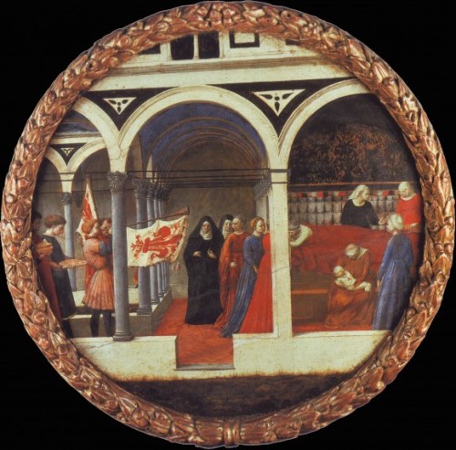 Masaccio, Birth salver depicting the nativity, with Florentine horn-blowers, ca. 1427, Staatliche Museen – Berlin.