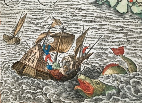 In “Theatrum orbis terrarum,” first published in 1570 by Flemish cartographer Abraham Ortelius, Jonah is cast overboard to a sea monster.