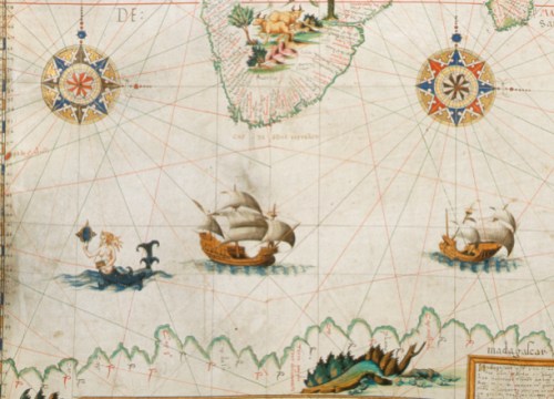 In a classic delineation, a siren admires herself in a mirror while surrounded by ships in the Southern Ocean on Pierre Descelier’s map from 1550.  Other monsters can be seen on the nearby lands.