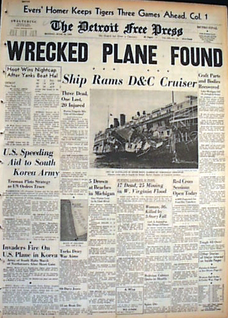 A “Detroit Free Press” cover story from June 25, 1950 gave false hopes about the missing plane.