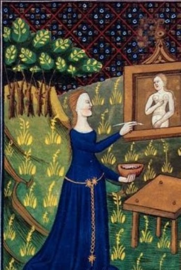 Unknown artist from detail of a miniature of ancient Greek artist Thamyris (Timarete) painting her picture of the goddess Diana, N. France, (Rouen). The original is in the British Library collection ID 43537, c 1400-25.
