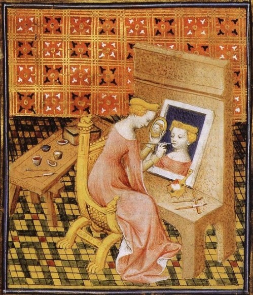 Unknown artist ‘Marcia Painting Self-Portrait using Mirror,’ from Giovanni Boccaccio, “De Mulieribus Claris,” anonymous French translation, Le livre de femmes nobles et renomees, France, c 1440 British Library Artiste faisant son autoportrait.