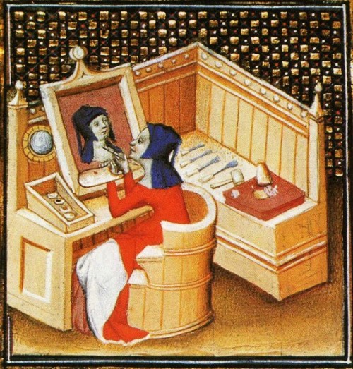 Unknown artist from Giovanni Boccaccio, “De Mulieribus Claris,” anonymous French translation, Le livre de femmes nobles et renomees, France, c 1440 British Library Autoportrait sur bois.
