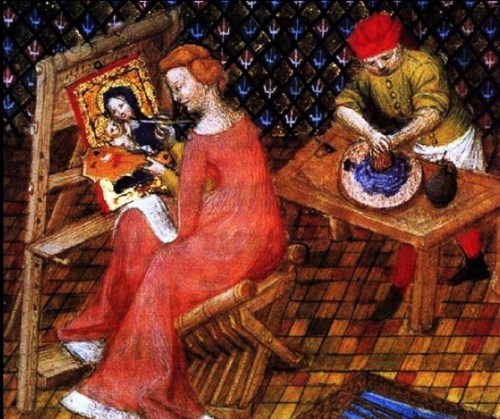 Unknown artist from Giovanni Boccaccio, “De Mulieribus Claris,” anonymous French translation, Le livre de femmes nobles et renomees, France, c 1440 British Library Autoportrait sur bois.