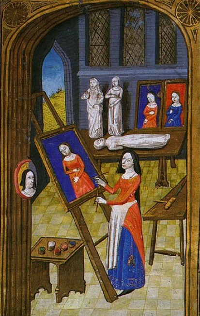 Unknown artist from Giovanni Boccaccio, “Des cléres et nobles femmes,” Spencer Collection MS. 33, f. 37v, French, c. 1470 Artist in her Atelier.