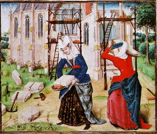 Roman des Girart von Roussillon, Cod. 2449, f. 167v, Flemish, 1447, Österreichishe Nationalbibliothek, Vienna. Women Building.
