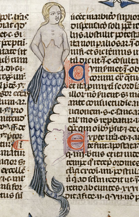 Mermaid in the margins of “Calendarium, Decretals of Gregory IX,” a medieval text now housed in the British Museum.