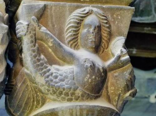 Stone delineation of a mermaid in the Monastery of Santa Maria in Ripoll, Spain, which was founded in A.D. 879.