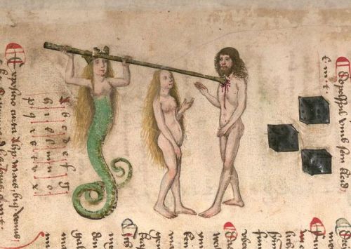 Mermaid spearing a man’s heart in “Book of the Holy Trinity,” 15th century Germany, München, Bayerische Staatsbibliothek, Cgm 598, fol. 2r.