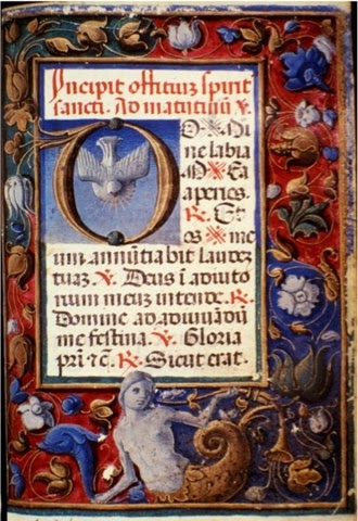 Mermaid and dolphin in the “Roman Book of Hours,” late 15th century, made in either Venice or Padua, Italy.