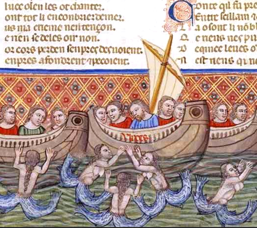 Mermaids besiege a ship and its crew in another medieval text.