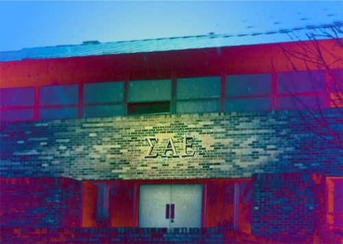 The Sigma Alpha Epsilon fraternity at the University of Oklahoma in Norman, Oklahoma, March 9, 2015.  The letters have been removed, and the building now sits empty.