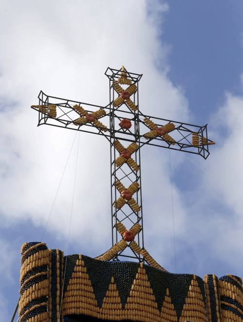Detail of an altar, made of corn and pumpkins, where Pope Francis will give the main mass during his visit to Paraguay, in Asuncion